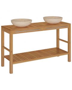 Waschtisch Massivholz Teak mit Waschbecken Marmor Creme